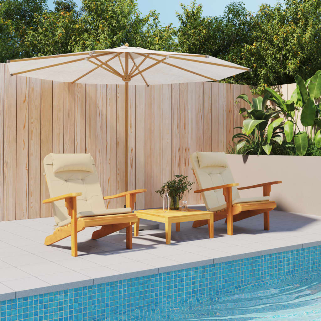 Beige outdoor cushions for Adirondack chairs made of water-resistant Oxford fabric.