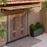 Black polycarbonate door canopy with aluminum frame, measuring 117.1x35.4 inches.