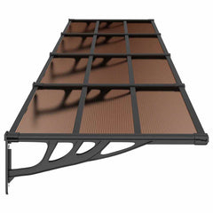 Black polycarbonate door canopy measuring 155.9 by 35.4 inches with a grid frame and brackets.
