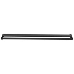 Black aluminum shower shelf, 31.5 inches wide, for walk-in showers.