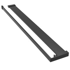 Black aluminum shower shelf with towel bar, 35.4 inches long, for walk-in shower walls.
