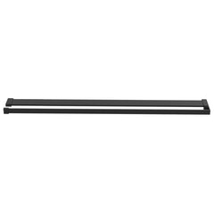 Black aluminum shower shelf with 45.3-inch rail and adjustable clamps for walk-in showers.