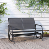 Black garden glider bench made of Textilene fabric and steel with a high-back design and armrests.