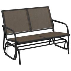 Brown Textilene steel garden glider bench with high back and armrests.