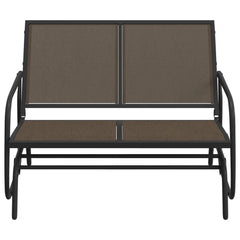 Brown Textilene fabric steel garden glider bench with armrests and high backrest.