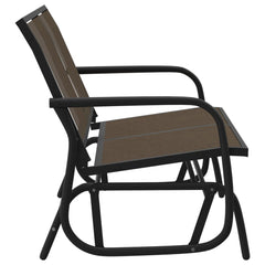 Brown Textilene steel garden glider bench with high back, armrests, and gliding mechanism.