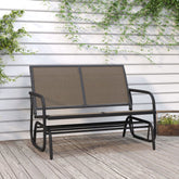 Brown Textilene steel garden glider bench with gliding base and armrests on a patio.