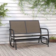 Brown Textilene steel garden glider bench with gliding base and armrests on a patio.