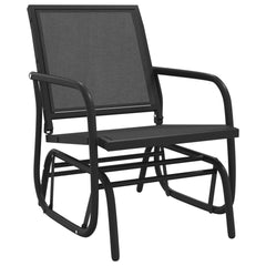 Black Textilene steel garden glider chair with plush backrest and armrests for outdoor comfort.