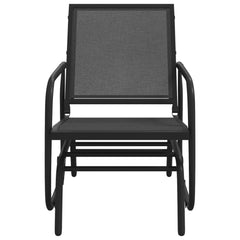 Black Textilene steel garden glider chair with plush backrest and armrests for outdoor comfort.