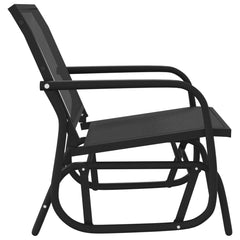 Black Textilene steel garden glider chair with plush backrest and armrests for outdoor comfort.