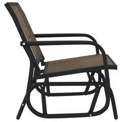 Brown Textilene fabric garden glider chair with black steel frame and armrests.