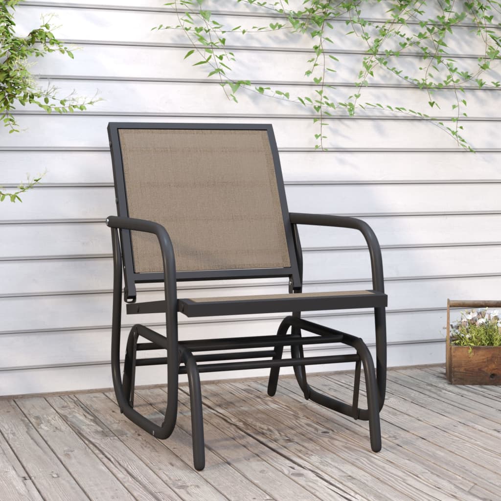 Brown garden glider chair with steel frame and breathable Textilene fabric, 24x29.9x34.3 inches.