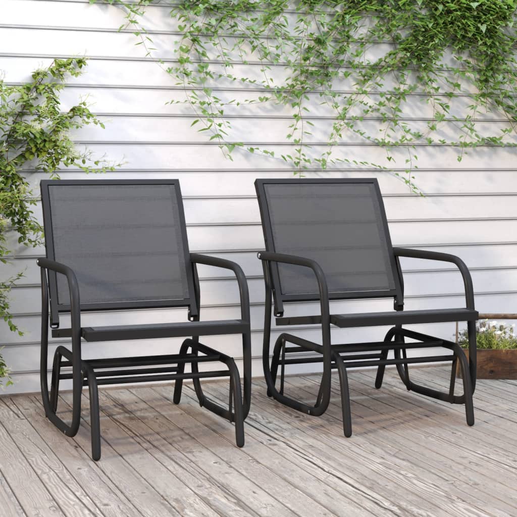 Set of 2 black glider chairs with Textilene fabric and steel frame for outdoor relaxation.