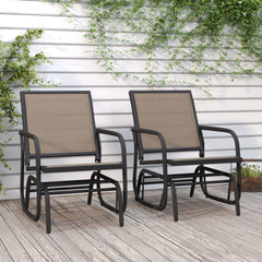 Set of 2 brown steel garden glider chairs with breathable Textilene fabric and ergonomic design.