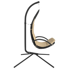 Cream and black garden swing chair with curved steel frame and padded seat.