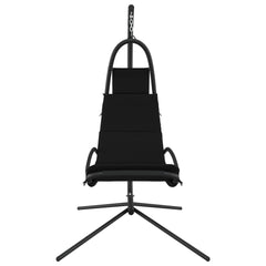 Black Oxford fabric garden swing chair with steel frame and removable foam cushion.