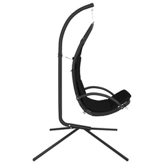 Black garden swing chair with Oxford fabric seat and steel hanging frame.