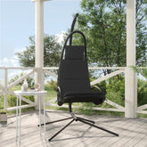 Dark gray garden swing chair with Oxford fabric and a sturdy steel frame.