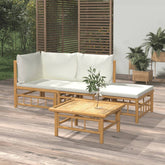 Garden Lounge Set Cream White, Natural Bamboo Bamboo, Polyester