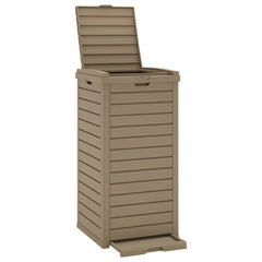 Light brown polypropylene outdoor garbage bin with a 31.2-gallon capacity and double-lid design.