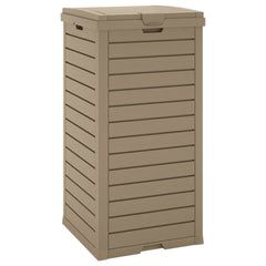 Light brown polypropylene outdoor garbage bin with a 31.2-gallon capacity and double-lid design.