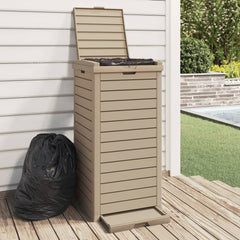 Light brown polypropylene garbage bin with double-lid design and 31.2-gallon capacity.