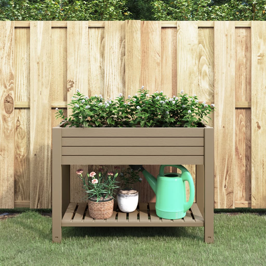 Light brown polypropylene raised garden bed with self-watering system and ergonomic design.