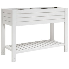 White polypropylene raised garden bed with shelf and self-watering system for easy plant care.