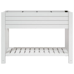 White polypropylene raised garden bed with shelf and self-watering system for easy plant care.