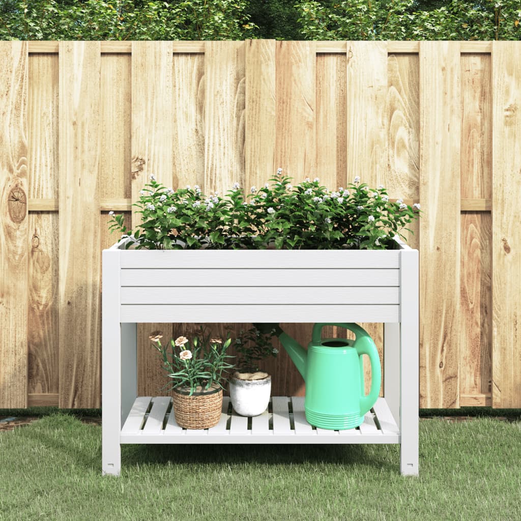 White polypropylene raised garden bed with shelf and self-watering system for easy plant care.