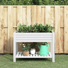 White polypropylene raised garden bed with shelf and self-watering system for easy plant care.