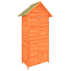 Brown solid pine wood garden tool shed with sloping roof and ample storage space.