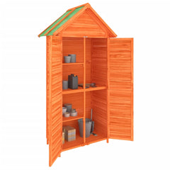 Brown solid pine wood garden tool shed with sloping roof and ample storage space.