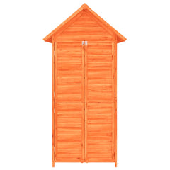 Brown solid pine wood garden tool shed with sloping roof and ample storage space.