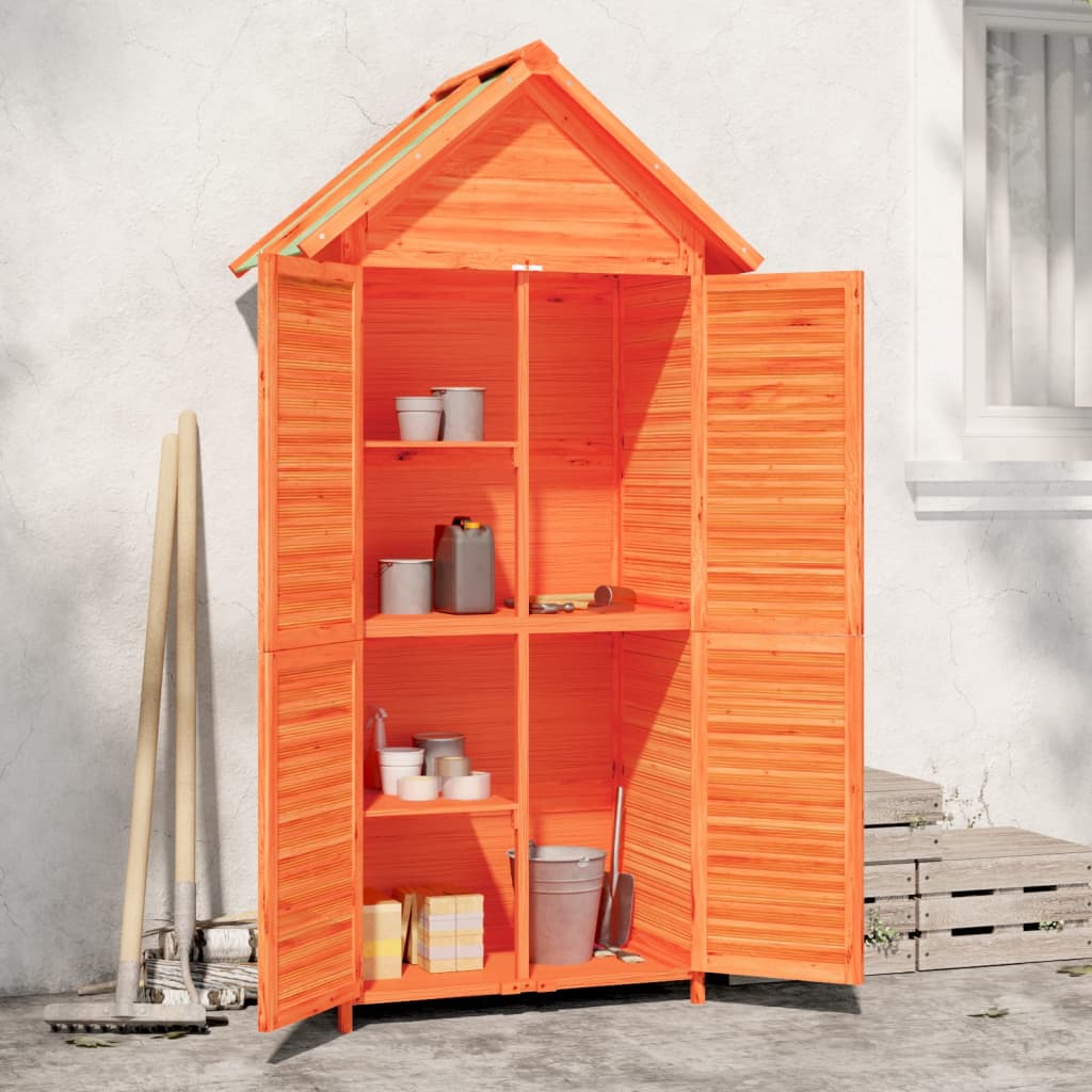 Brown solid pine wood garden tool shed with sloping roof and ample storage space.