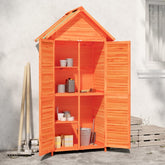 Brown solid pine wood garden tool shed with sloping roof and ample storage space.