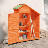 Brown solid pine wood garden tool shed with spacious interior and sloping rainproof roof.