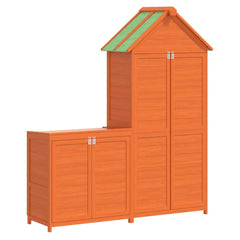 Brown solid pine wood garden tool shed set with two units for organizing tools and accessories.