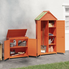 Brown solid pine wood garden tool shed set with two units for organized storage.