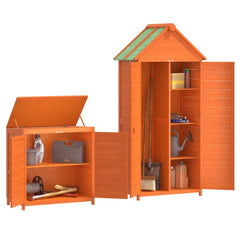 Brown solid pine wood garden tool shed set with two units for organized storage.