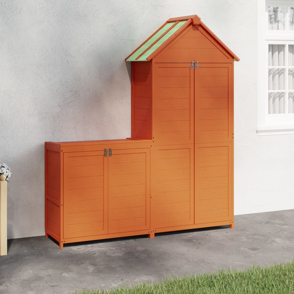 Brown solid pine wood garden tool shed set with two sizes for organized storage.