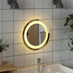 11.8-inch round LED bathroom mirror with edge lighting, mounted above a sink.