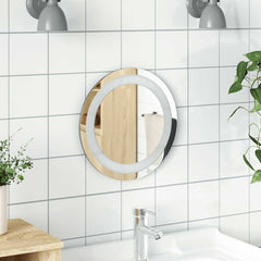 11.8-inch round LED bathroom mirror with edge lighting, mounted on white tiled wall above sink.