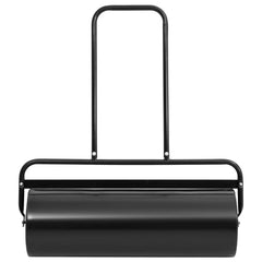 Black iron garden lawn roller with steel handle, holds 16.6 gallons for leveling ground.