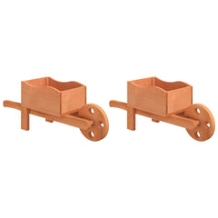 Two wooden wheelbarrow planters made of solid fir wood, each with a wheel and handles.