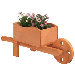 Two solid fir wood wheelbarrow planters with flowers, measuring 18.5x5.9x7.5 inches each.
