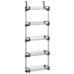 Silver aluminum over-the-door organizer with five shelves and two L-shaped hooks.