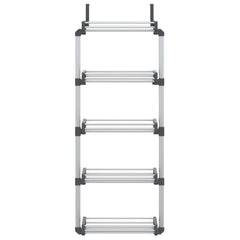 Silver over-the-door organizer with five shelves for efficient storage in small spaces.