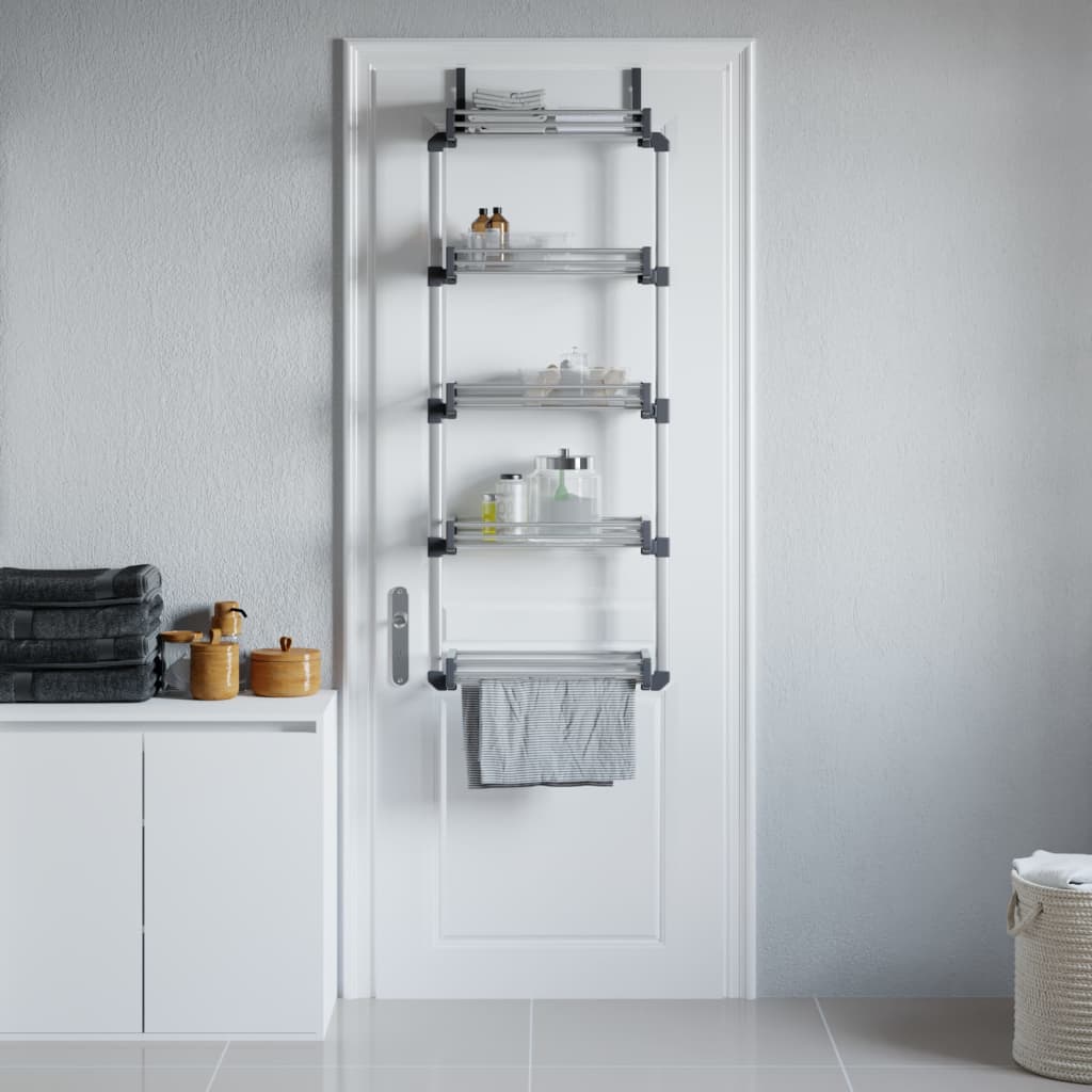 Silver over-the-door organizer with 5 shelves for efficient storage in small spaces.